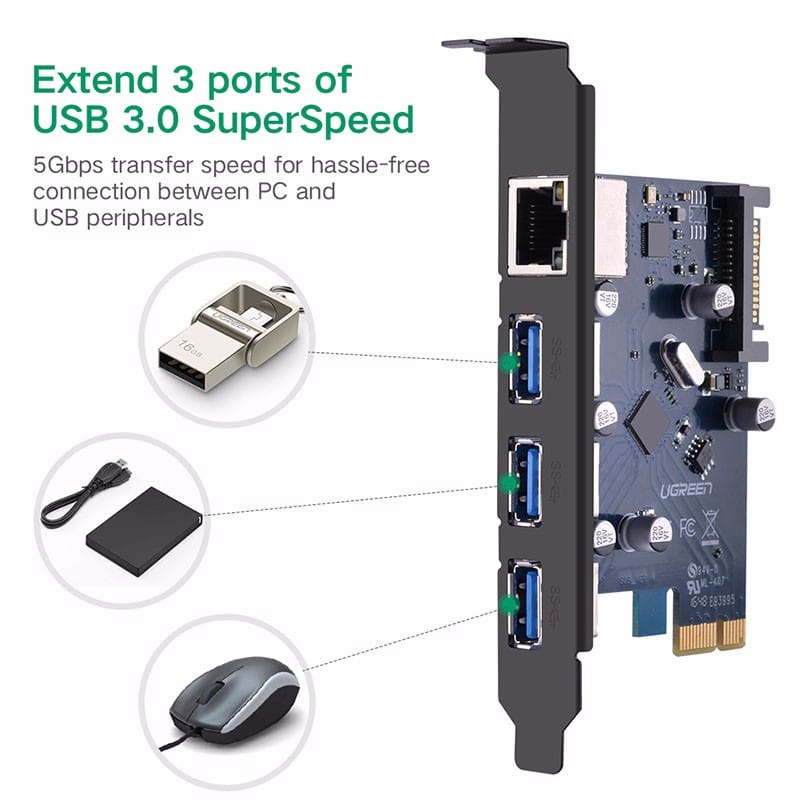 Card PCI Express sang 3 cổng USB 3.0 + Lan Gigabit 10/100/1000Mbps Ugreen 30775