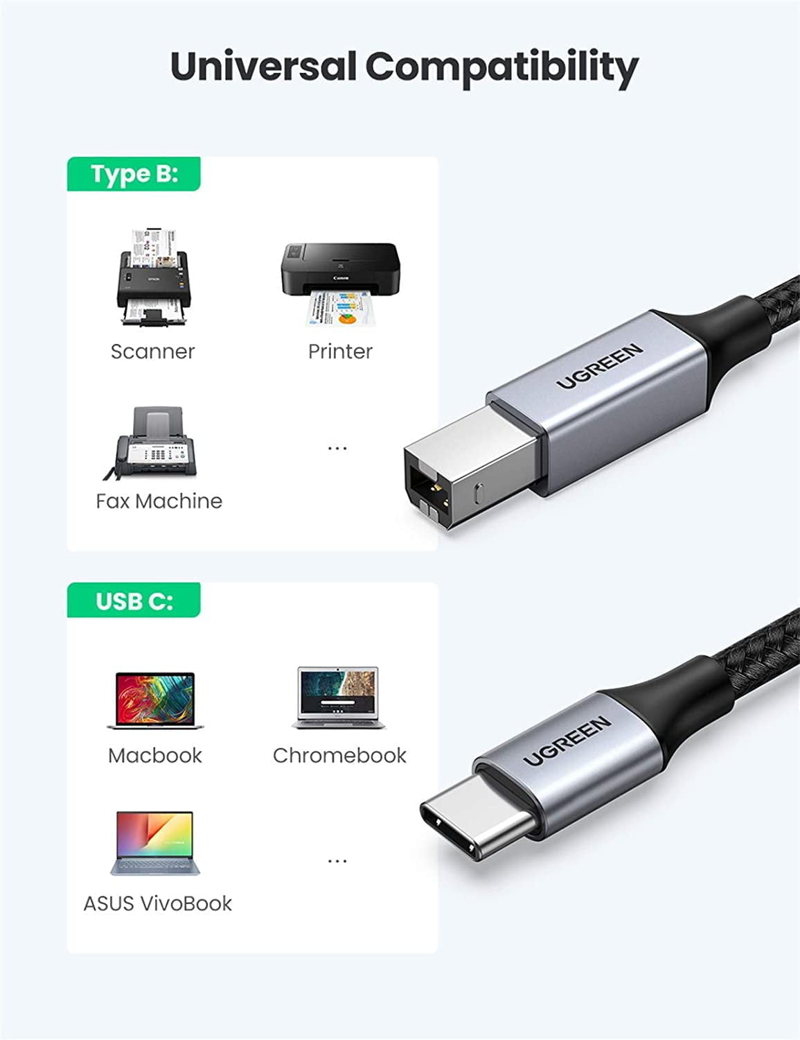 Dây cáp máy in USB Type-C Ugreen bọc nylon 1m-3m