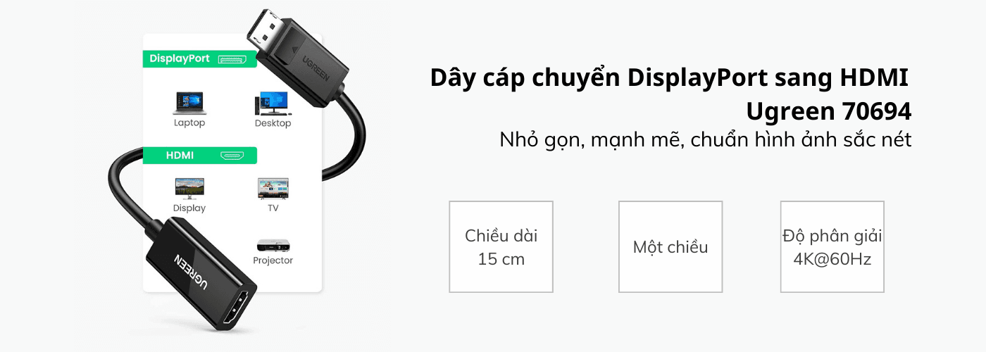 Cáp chuyển Displayport to HDMI hỗ trợ 4K@60 Ugreen 70694