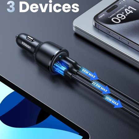 Sạc điện thoại USB 3 cổng 69W dùng trong ô tô Ugreen 20467