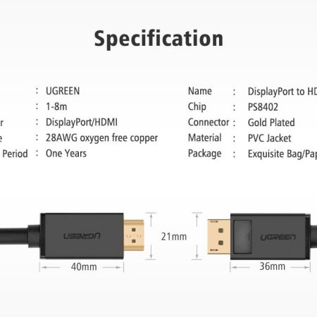 Cáp Displayport to HDMI 1M Ugreen 10238
