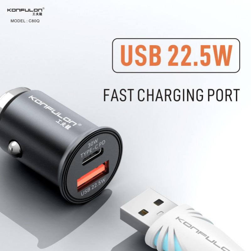 Tẩu sạc ô tô 30W 2 in 1 Konfulon C80Q (Type-C, USB 3.0)