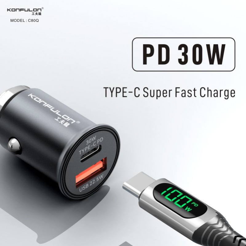 Tẩu sạc ô tô 30W 2 in 1 Konfulon C80Q (Type-C, USB 3.0)