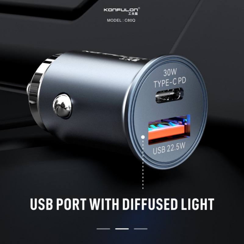 Tẩu sạc ô tô 30W 2 in 1 Konfulon C80Q (Type-C, USB 3.0)