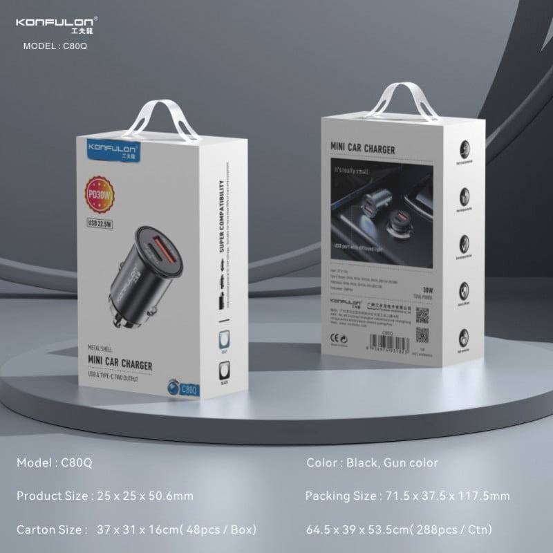 Tẩu sạc ô tô 30W 2 in 1 Konfulon C80Q (Type-C, USB 3.0)