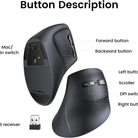 Chuột công thái học không dây Ugreen 25444 dual mode (bluetooth và USB dongle)