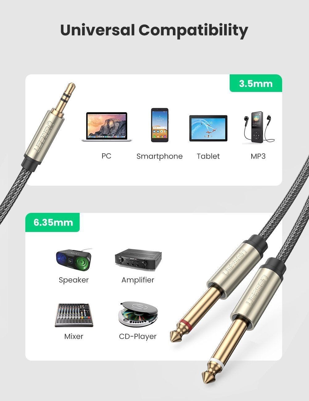 Dây dù chuyển 3.5mm ra 2 đầu 6.35mm Ugreen AV126 | 1m-12m