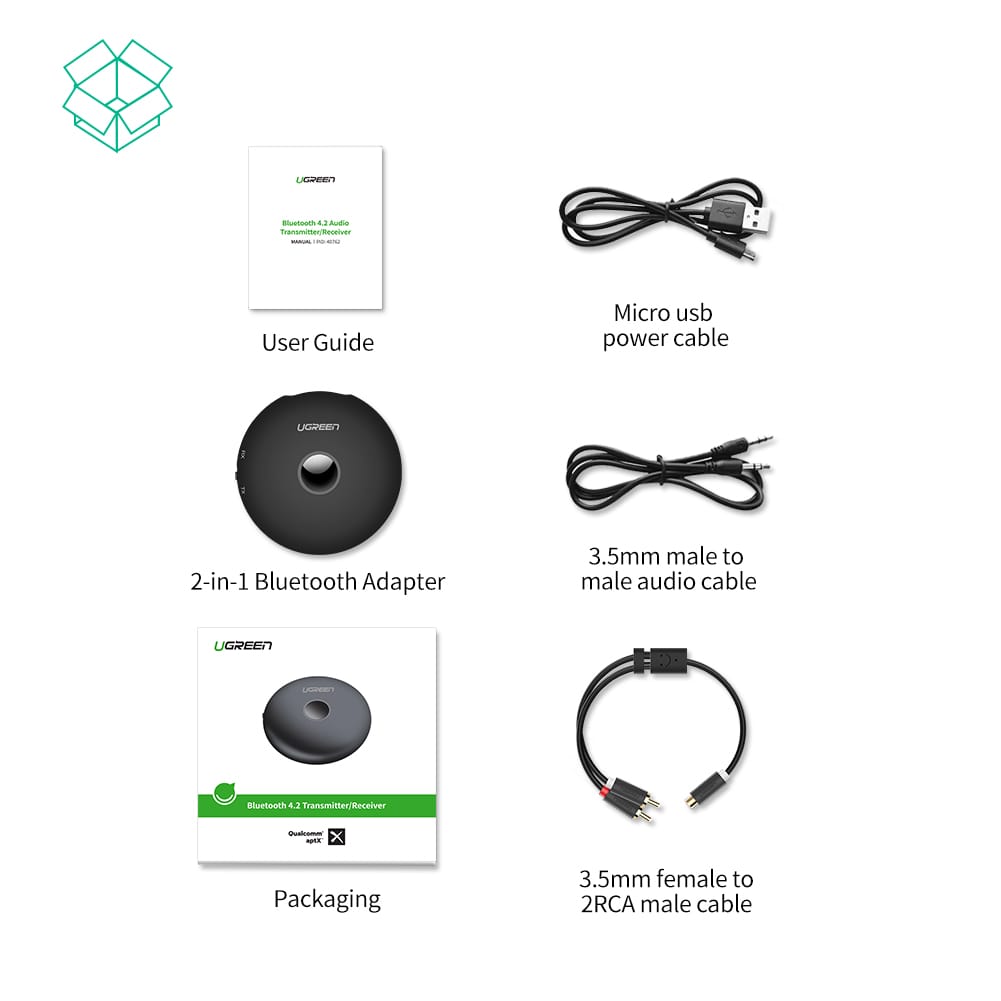 Bộ thu phát Bluetooth 5.0 UGREEN CM108 (Hỗ trợ âm thanh aptX, kèm cổng kết nối audio 3.5mm)