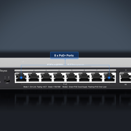 Switch PoE Gigabit 9 cổng Ruijie Reyee RG-ES209GC-P (8 cổng PoE+ 10/100/1000Mbps+1 cổng uplink Gigabit+ngân sách PoE 120W+hỗ trợ IEEE 802.3af/at+quản lý qua WebUI/Cloud/App)