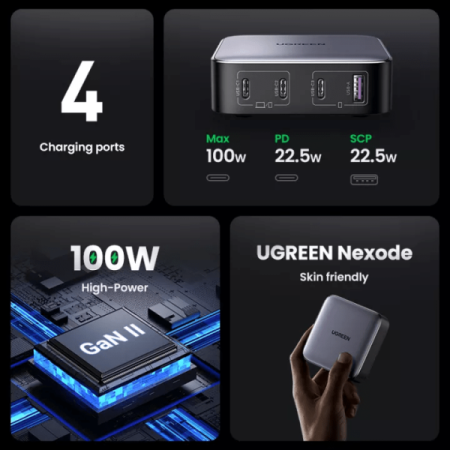 Củ sạc nhanh GaN 100W Ugreen 90736 (PD3.0, 3 cổng Type C, 1 USB A)