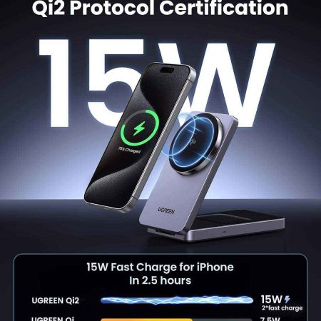 Đế sạc không dây 2 in 1 Ugreen W706 Qi2 (15W iPhone+5W AirPods+USB-C+Qi2+1m cable)