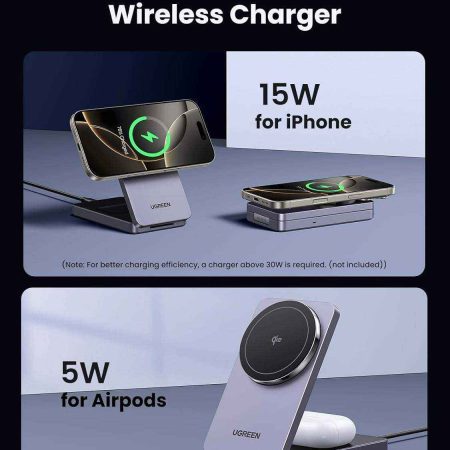 Đế sạc không dây 2 in 1 Ugreen W706 Qi2 (15W iPhone+5W AirPods+USB-C+Qi2+1m cable)