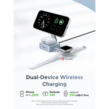 Đế sạc không dây Ugreen 55960 2 in 1 25W (Qi2+sạc iPhone+AirPods+USB-C 5W)