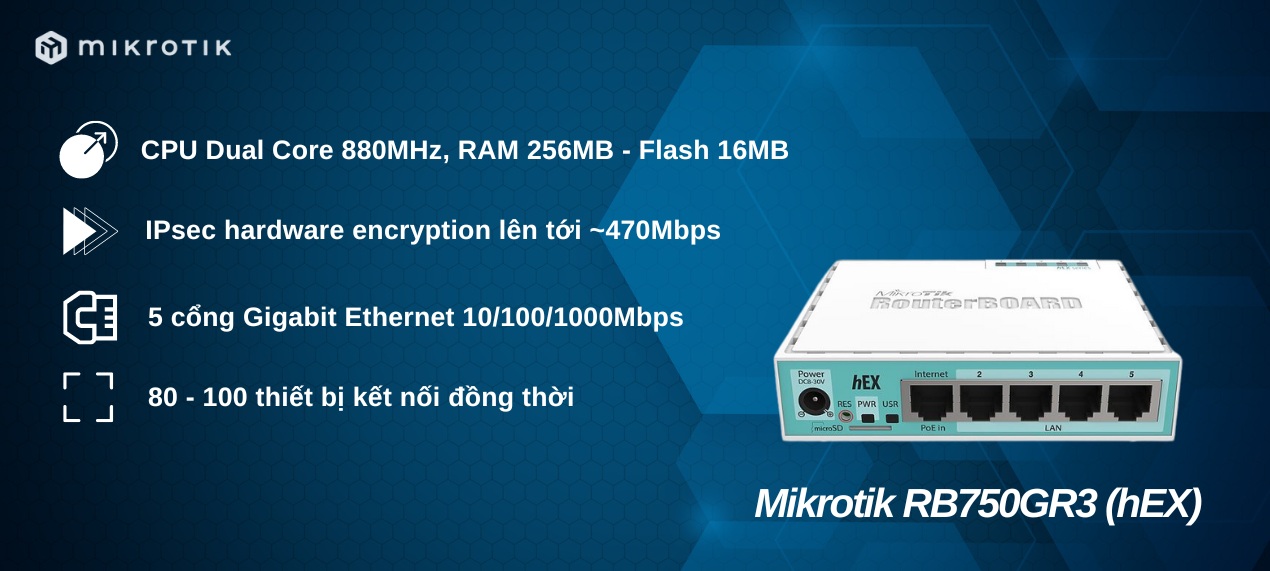Router cân bằng tải Mikrotik RB750Gr3 (Thiết bị định tuyến 5 cổng Gigabit, Chịu tải 100-120 user)