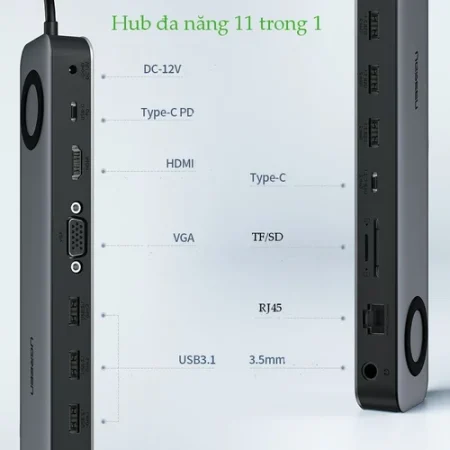 Docking Station Ugreen 60188 10 in 1 (1*HDMI , 1*VGA, 1*Gigiabit RJ45, 1*3.5mm, 3*USB 3.1 (Gen 2), 1*TF/SD, 1*USB-C PD, 1*USB-C 3.1)