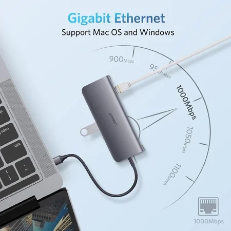 Hub USB-C Ugreen 70490 9 in 1 (HDMI 4K*2K@60Hz, Sạc nhanh 100W – 3*USB 3.0 A Female, 1*HDMI, 1*VGA, 1*RJ45 Gigabit, 1*TF, 1*SD)