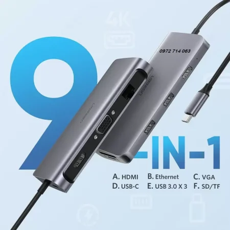 Hub USB-C Ugreen 70490 9 in 1 (HDMI 4K*2K@60Hz, Sạc nhanh 100W – 3*USB 3.0 A Female, 1*HDMI, 1*VGA, 1*RJ45 Gigabit, 1*TF, 1*SD)