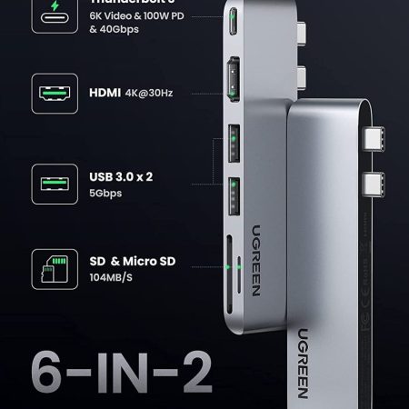 Hub USB-C Ugreen CM380 6 in 1 (HDMI – PD – SD/TF – 2 x Usb 3.0)