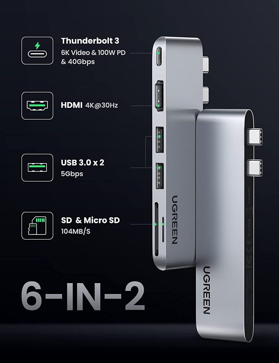 Hub USB-C Ugreen CM380 6 in 1 (HDMI – PD – SD/TF – 2 x Usb 3.0)