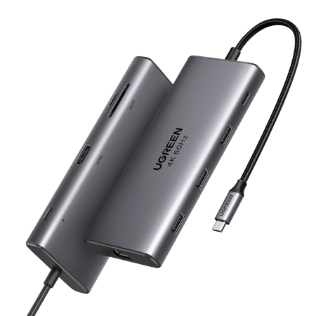 Hub USB-C Ugreen 70490 9 in 1 (HDMI 4K*2K@60Hz, Sạc nhanh 100W – 3*USB 3.0 A Female, 1*HDMI, 1*VGA, 1*RJ45 Gigabit, 1*TF, 1*SD)