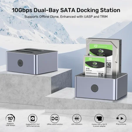 Box ổ cứng đôi Unitek Y-3027GY01 (Hỗ trợ 2 ổ cứng SATA 2.5/3.5 inch, Chuẩn USB 3.0 5Gbps)