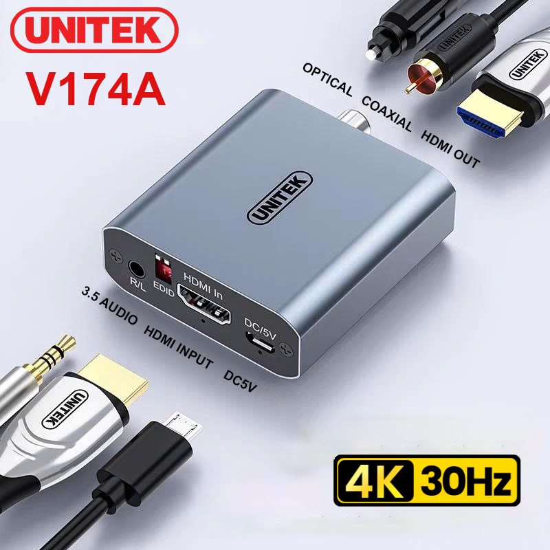 Bộ tách tín hiệu HDMI ra HDMI Audio Unitek V174A (HDMI ra HDMI, 3.5mm, Coaxial, Optical (SPDIF), hỗ trợ 4K30Hz)