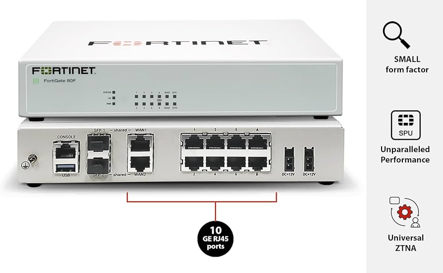 FortiGate Fortinet FG-80F Next Generation Firewall (1x WAN, 1x DMZ, 6x GE RJ45, 2x SFP, WiFi6 dual-band)