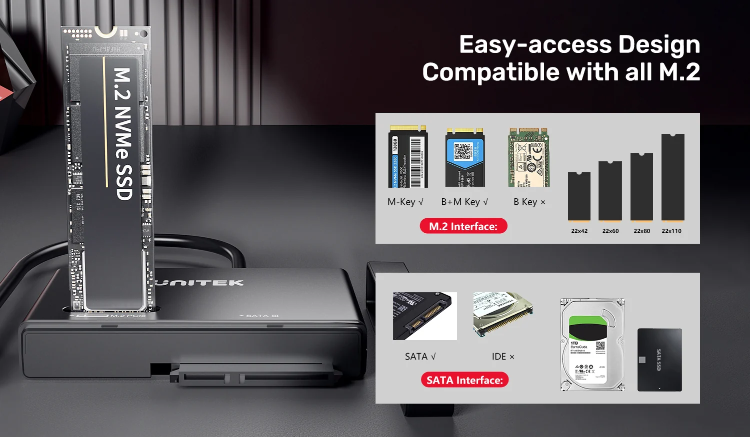Cáp Type-C sang M.2 và SATA UNITEK S1232A01-EU (10Gbps, nguồn 12V 2A)