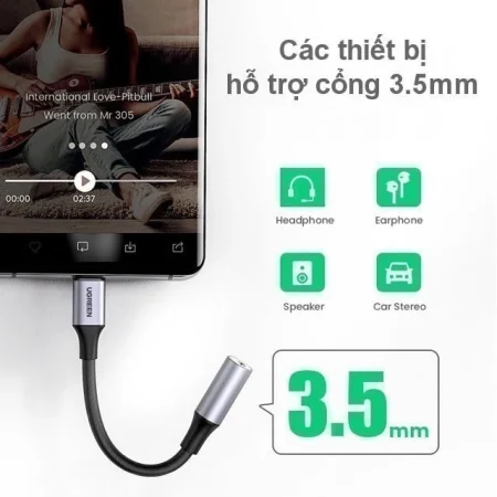 Dây chuyển Type C sang Audio 3.5mm Ugreen AV161 (Chip DAC)