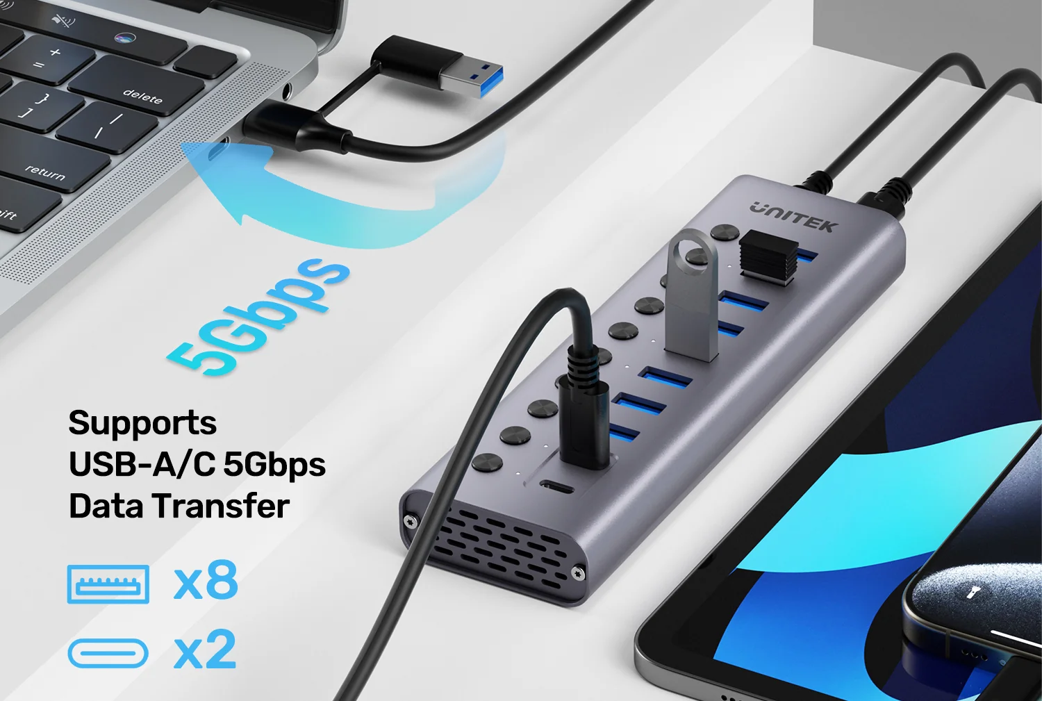 Hub USB 10 cổng Unitek H1315B01-EU (5Gbps, 8 cổng USB 3.0, 2 cổng Type C)