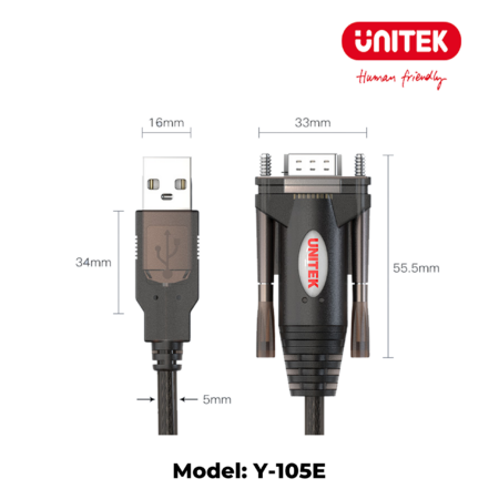 Cáp USB 2.0 sang RS232 dương UNITEK Y‑105E (Dài 3m, full-duplex)