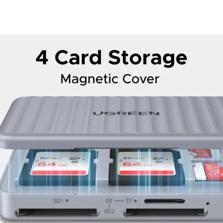 Đầu đọc thẻ nhớ SD TF Ugreen 55886 (4 khe đựng thẻ nhớ, USB A -Type C, đọc và ghi đồng thời 2 thẻ)