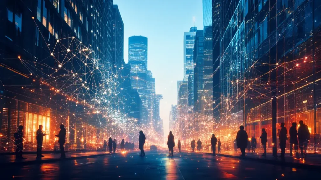Interconnected cityscape with digital networks.
