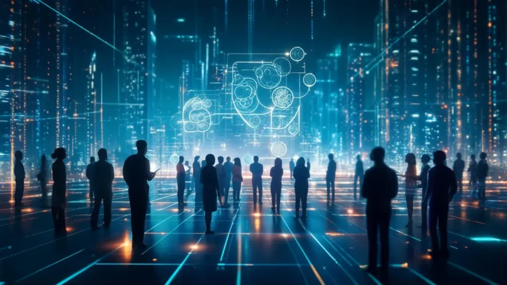 Futuristic cityscape with interconnected networks and people collaborating on holographic interfaces to simplify technology.