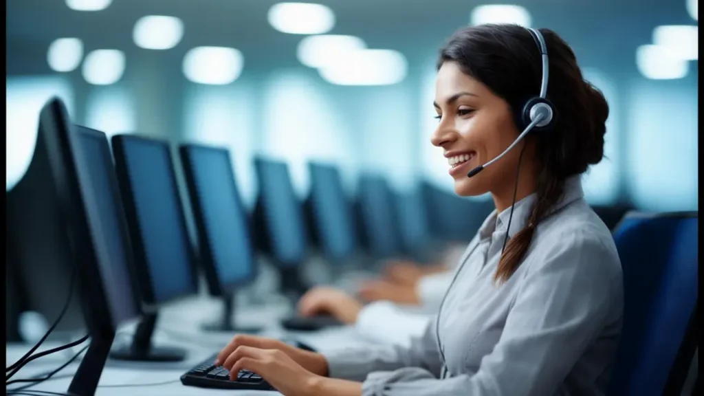 Smiling customer service representative efficiently handling a support request.