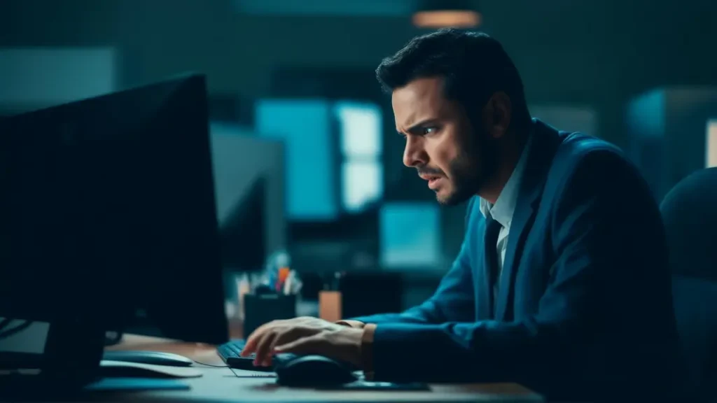 Frustrated employee staring at a slow loading screen on their computer.