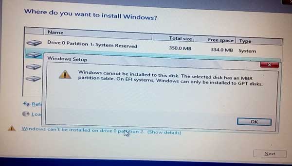 Sửa lỗi “The selected disk has an MBR partition table” khi cài Windows trong 5 giây