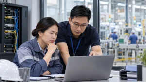 Nhân viên IT và quản lý nhà máy cùng rà soát quy trình bàn giao sự cố tại khu vực sản xuất