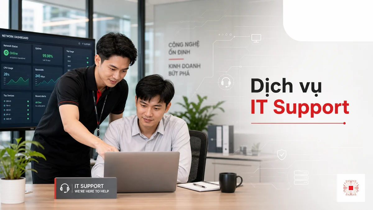 Kỹ thuật viên IT Support hỗ trợ người dùng máy tính email mạng và dashboard hệ thống