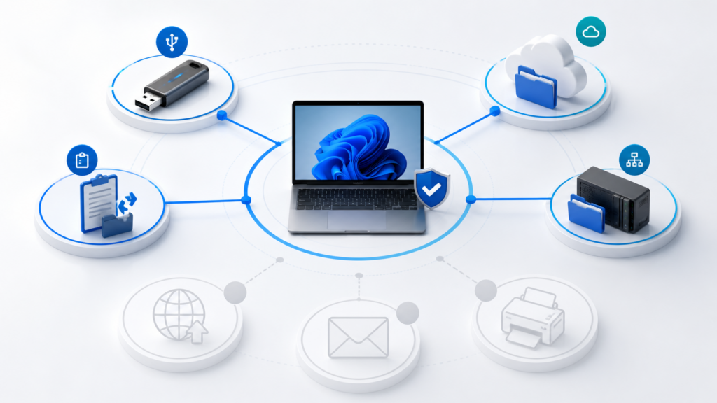 Ma trận kênh dữ liệu DLP gồm USB, clipboard, cloud sync và network share