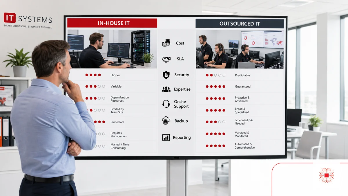 Business IT team comparing in-house and outsourced IT support