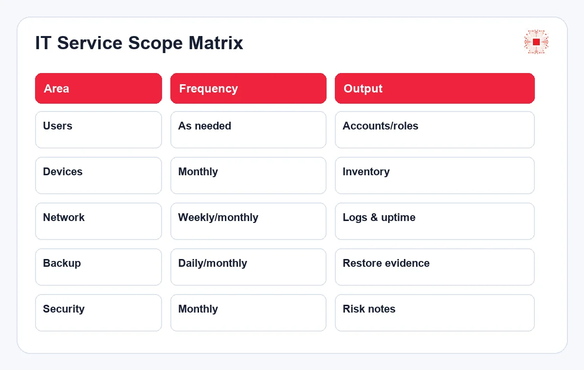 What Do IT System Administration Services Include? 2 IT service scope matrix for managed IT administration