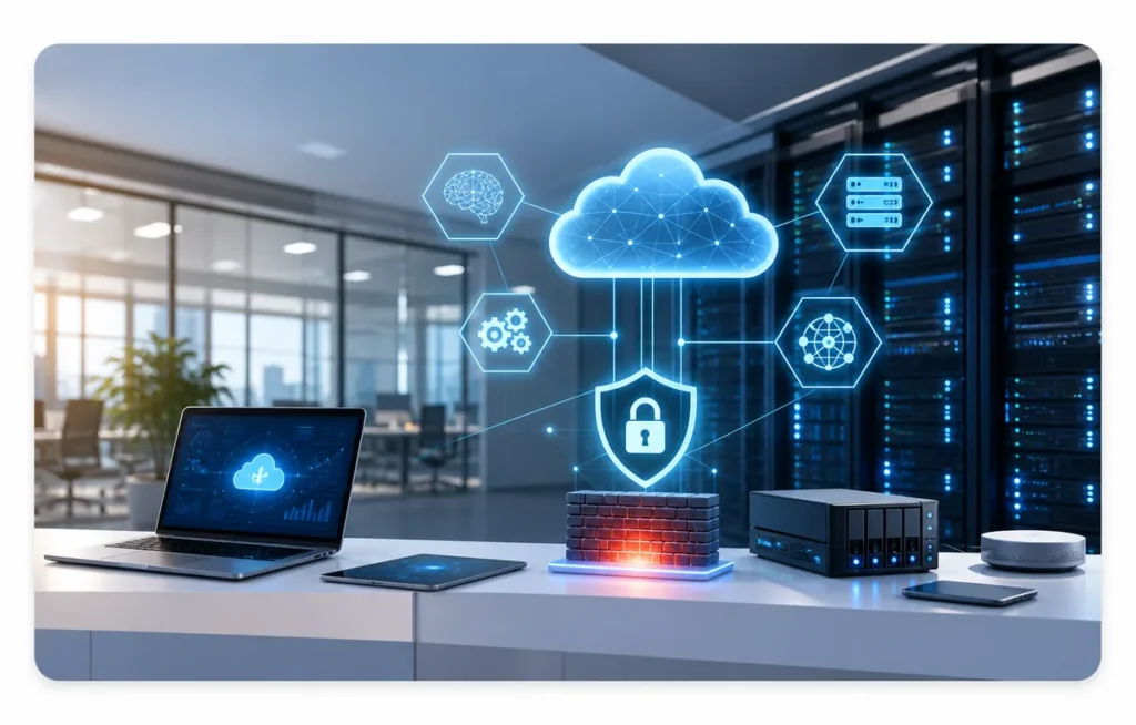 Business IT system infrastructure with cloud, server, network and security