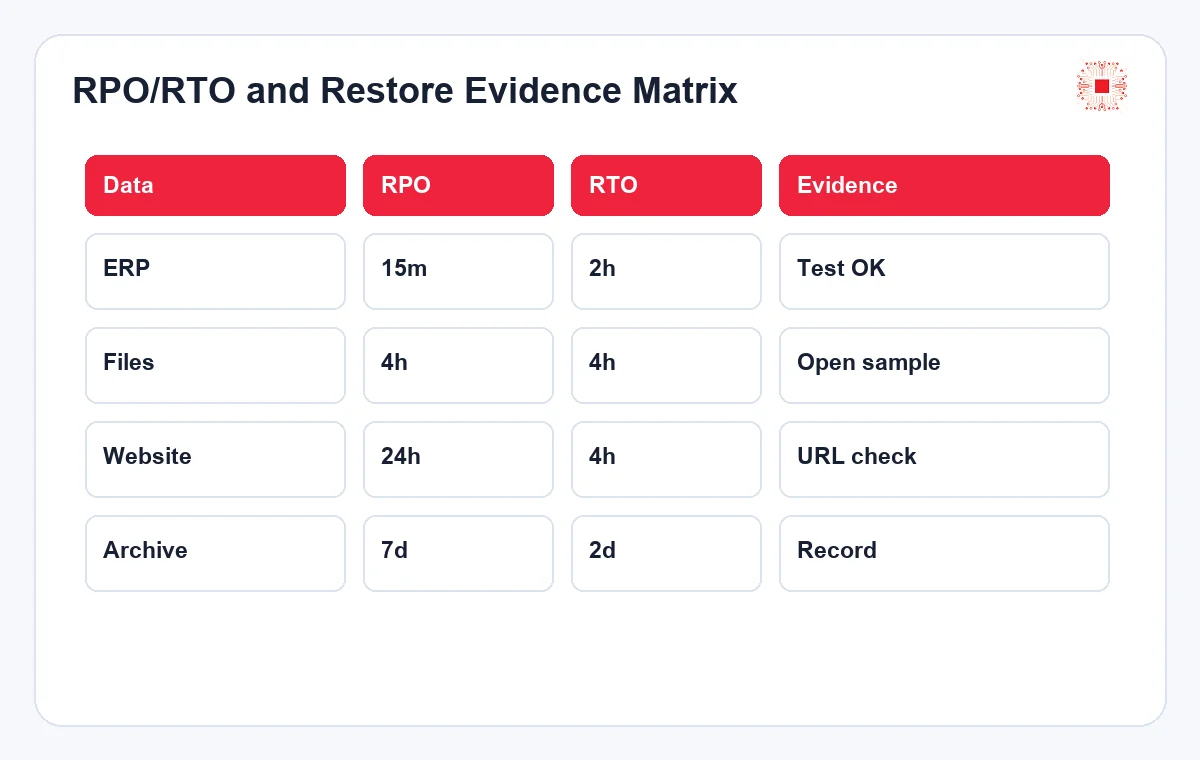 Backup and Restore Testing Process for SME IT Systems 2 RPO/RTO and restore test evidence matrix