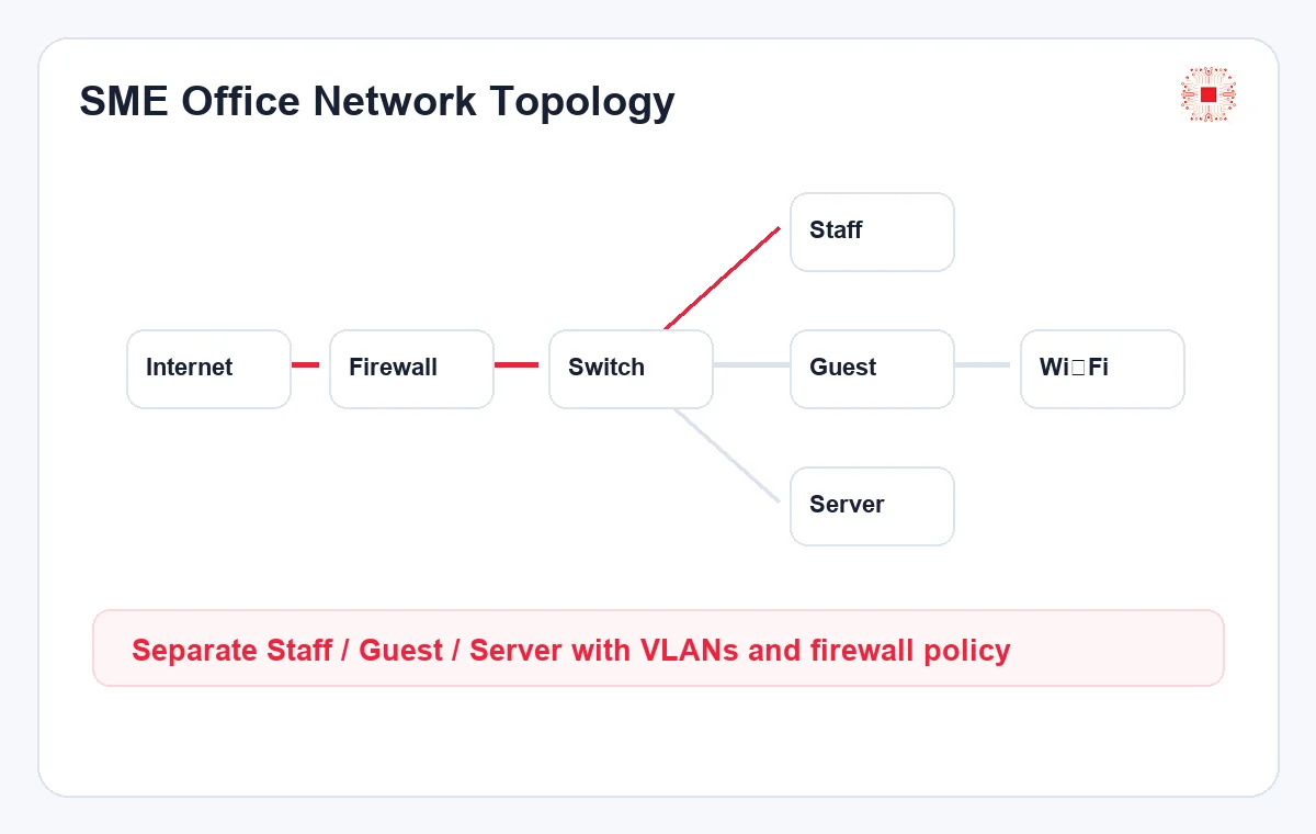 SME office network topology with firewall, VLAN and Wi‑Fi