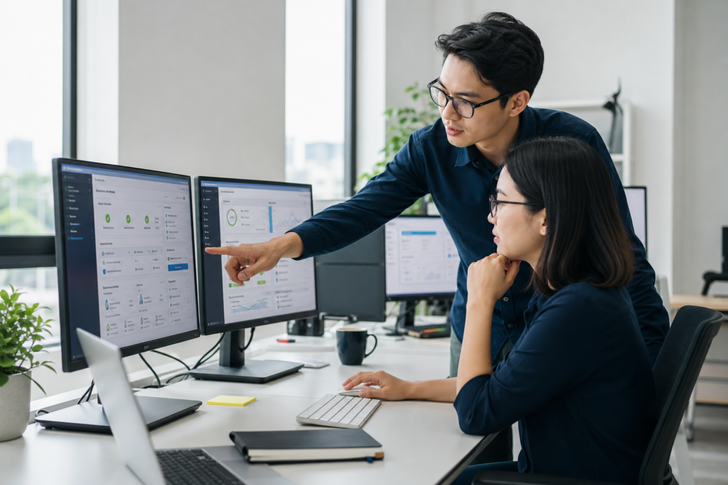 Đội ngũ quản trị website doanh nghiệp theo dõi hiệu năng, bảo mật và nội dung