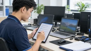 Kỹ thuật viên ghi checklist và báo cáo sau khi bảo trì máy tính