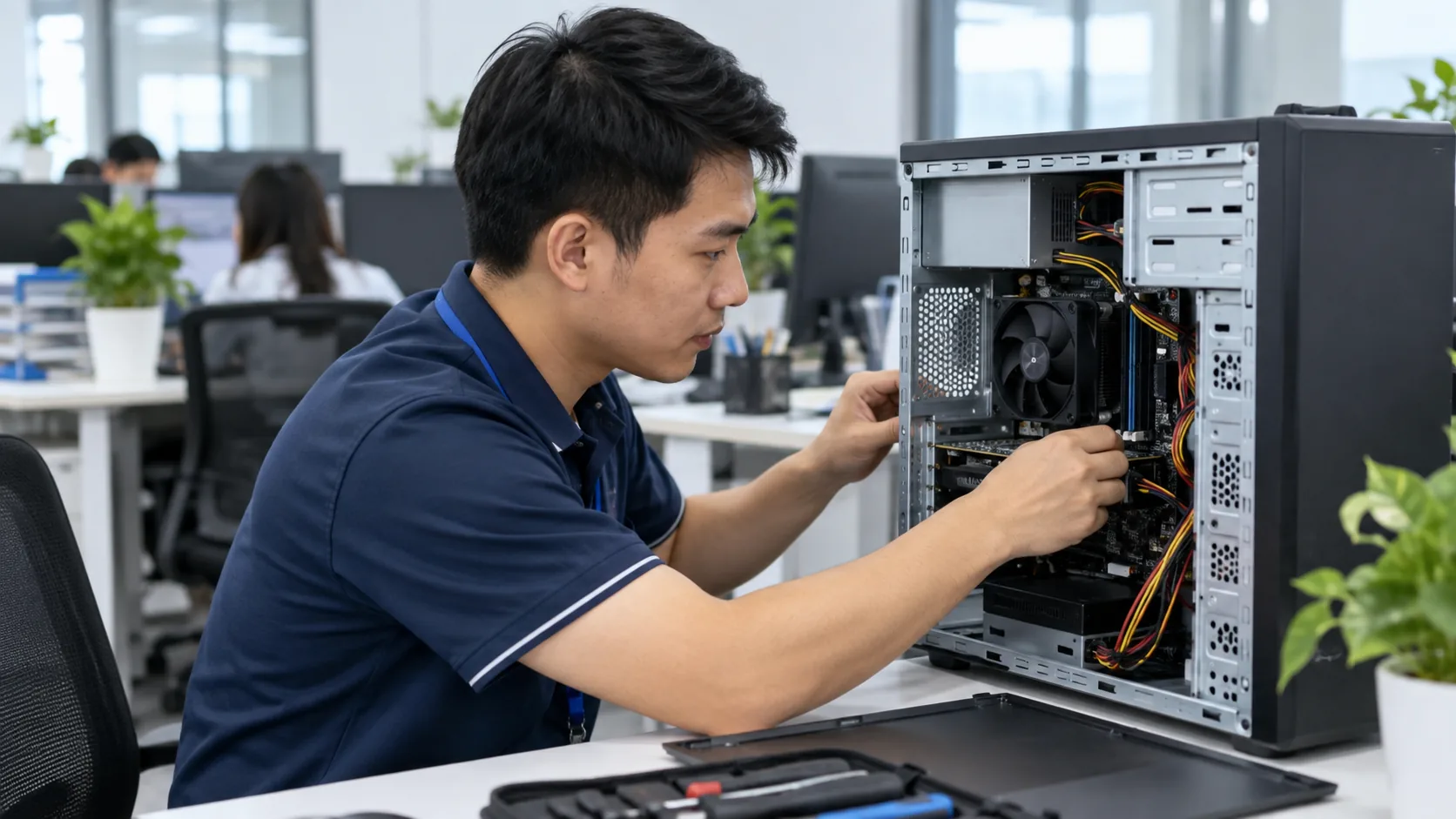 Kỹ thuật viên kiểm tra phần cứng máy tính trong bảo trì định kỳ