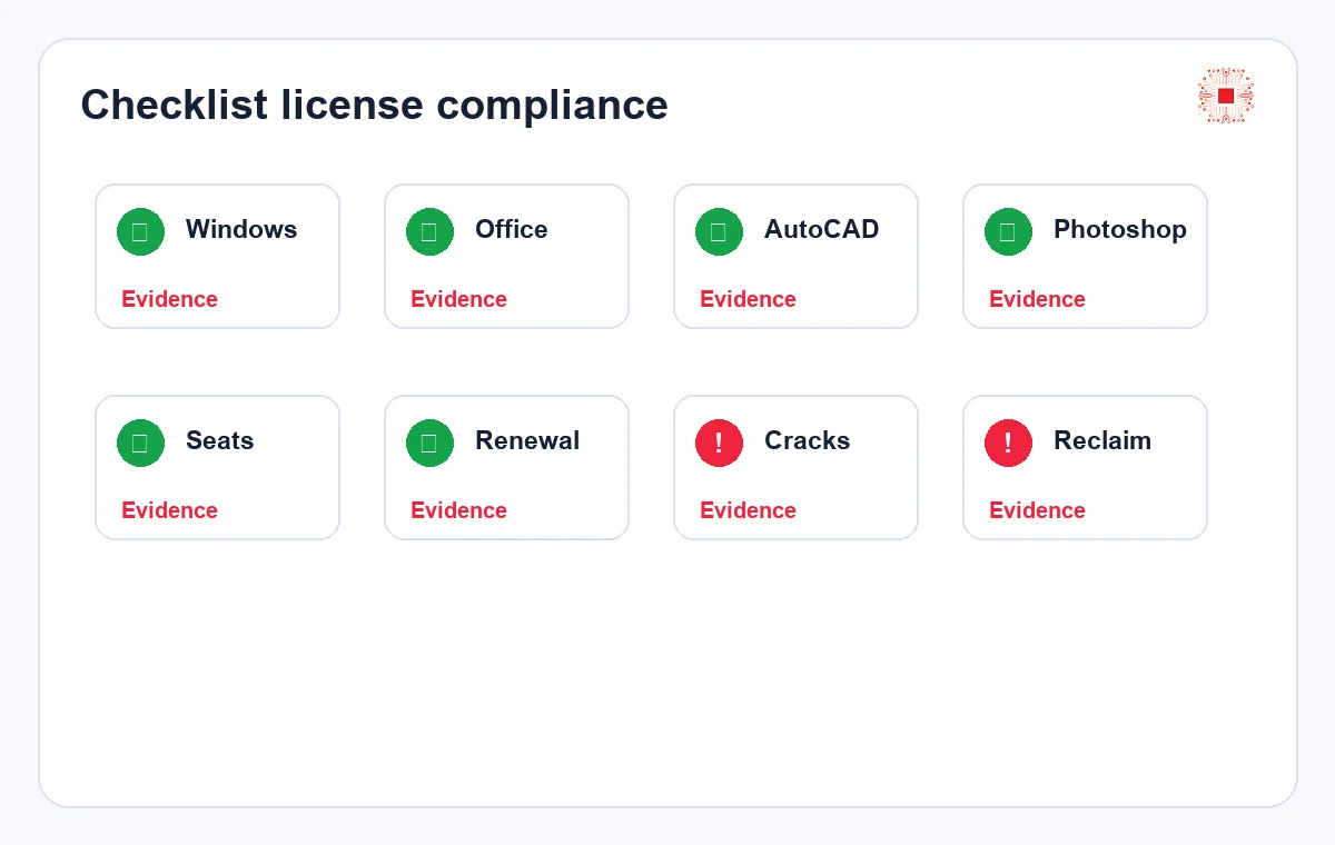 Software License Management for Businesses: Avoid Over-Installation, Cracks and Legal Risk 2 Software license compliance checklist for businesses