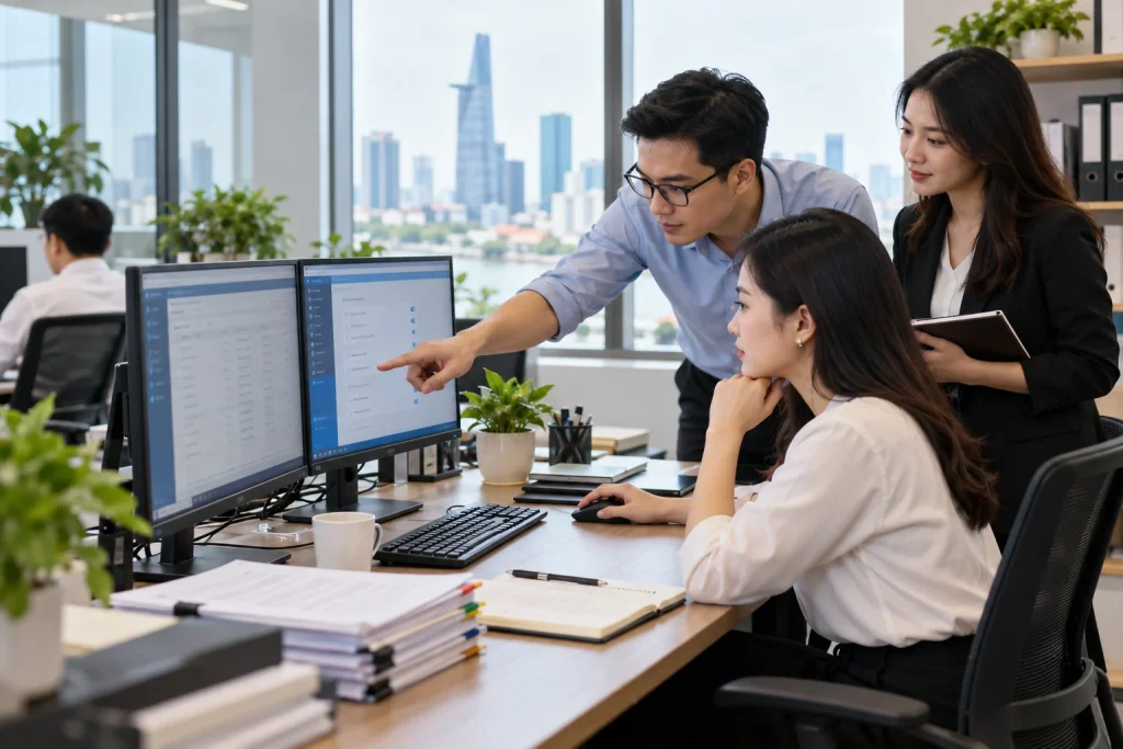 Nhân viên IT cùng nhóm kế toán rà soát quyền truy cập hồ sơ khách hàng trên máy tính